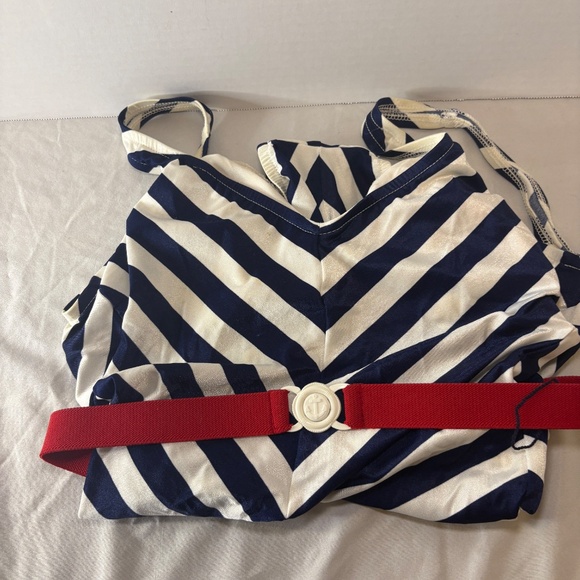 Sun Bound Swimsuit 12 VTG 80s Sears Navy Red White Sailor Belted OnePiece - Picture 9 of 9